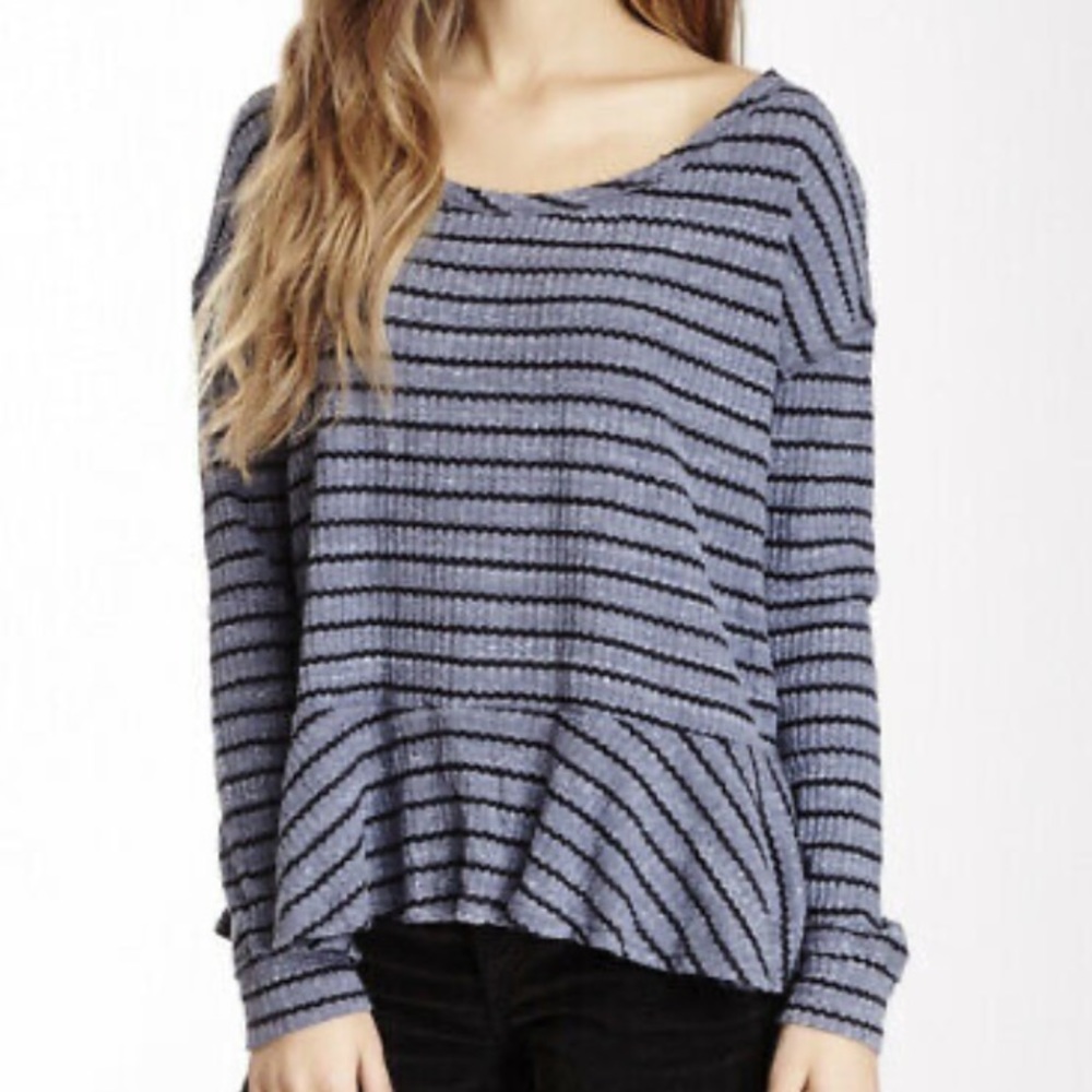 FREE PEOPLE // WE THE FREE Blue-Gray Black Striped Peplum Waffle Knit Blouse Med